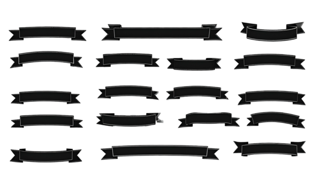 Collection of stylized, dark-colored ribbon banners, each with a unique shape