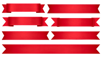 Assortment of red silk ribbons, each with a different shape and design, on a black background