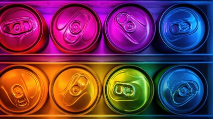 Colorful arrangement of beverage cans in vibrant hues, showcasing a lively display for refreshment