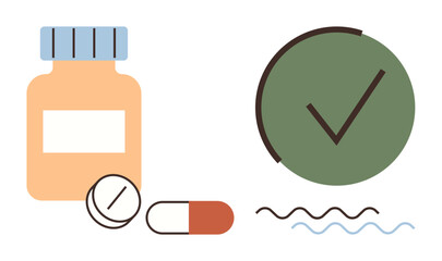 Medicine bottle, pills, green checkmark indicate health progress, treatment compliance. Ideal for health care, wellness, pharmacy, medication safety chronic illness recovery prevention. Simple