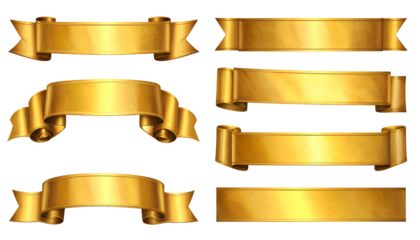 Golden ribbon banners in various shapes and styles against a transparent black background