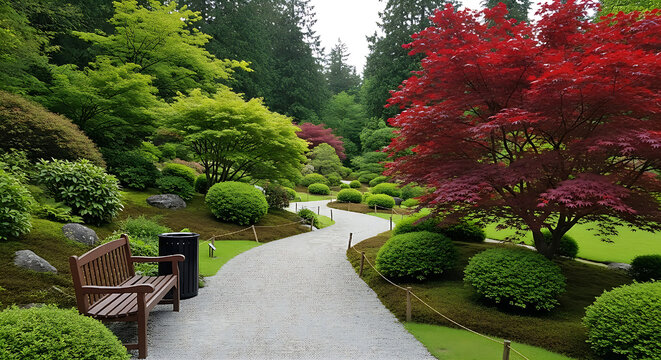 garden pathway tree bench bush maple leaf 
greenery landscape nature serenity tranquility scane