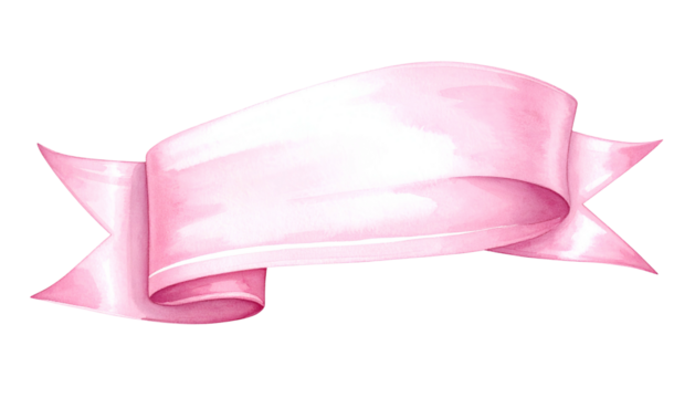 A watercolor-style banner in pale pink against a transparent background. Ribbon curls at the edges