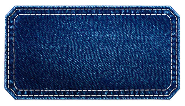 A denim-textured rectangle with stitched white border, detailed for a patch or label