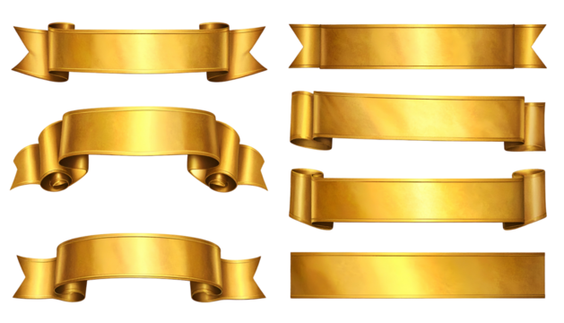Golden ribbon banners in various shapes and styles against a transparent black background