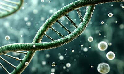 
blue background with a double helix of dna, close up. the intricate structure of the dna molecule is prominently displayed against a vibrant blue backdrop, - Powered by Adobe