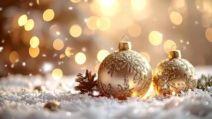 Festive holiday scene featuring two elegant golden Christmas ornaments nestled in sparkling snow against a warm bokeh lights background