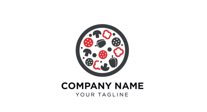 Pizza logo design with various vegetables and company name.