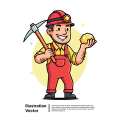 Miner Holding a Gold Nugget, Cartoon Character with Pickaxe and Helmet, Mining Theme