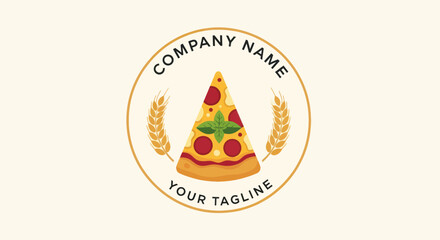 Delicious pizza slice logo with wheat ears for a food company brand.