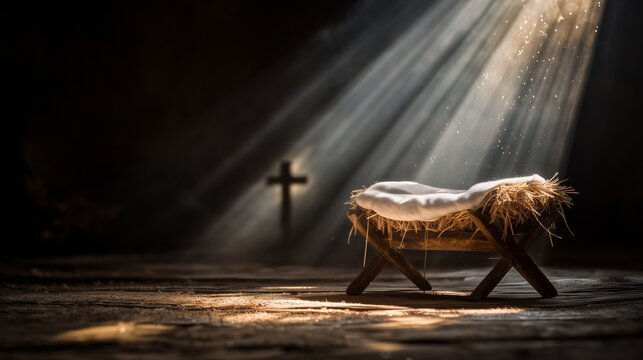 Jesus in a serene manger scene illuminated by gentle rays of light in a quiet, dark setting with a cross in the background