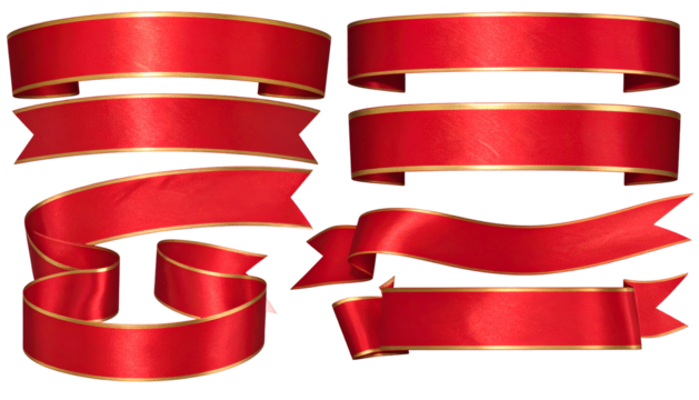 Collection of vibrant red silk banners with golden trim, offering elegant design options