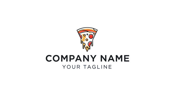A vibrant and playful pizza slice logo design, perfect for a modern pizzeria or food delivery service, featuring colorful toppings and a dripping cheese effect.