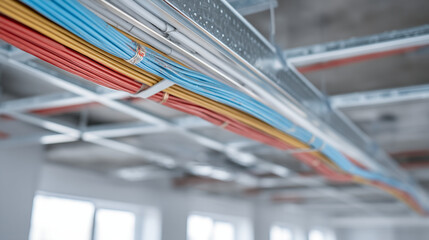 Fototapeta premium Colorful electrical wiring installed on a metal ceiling in an office building