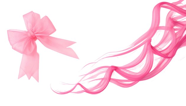 Digital image of a flowing, pink ribbon and cascading, wavy strands against a stark black background