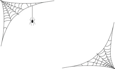 Minimal black spider web corners on white background with hanging spider, elegant Halloween border design with thin delicate lines, clean minimalist vector illustration isolated on white
