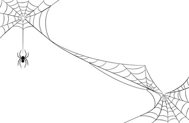 Minimal black spider web corners on white background with hanging spider, elegant Halloween border design with thin delicate lines, clean minimalist vector illustration isolated on white