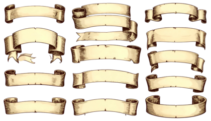 Assortment of classic parchment banners, various shapes and sizes, for textual presentation