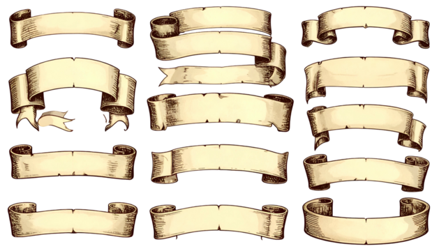 Assortment of classic parchment banners, various shapes and sizes, for textual presentation