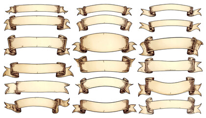 Collection of various parchment-style banners, curled at the ends, perfect for announcements