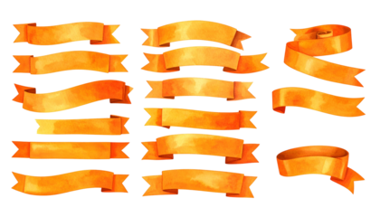 Set of decorative watercolor ribbons, in various shapes and arrangements, with orange hues and jagged edges