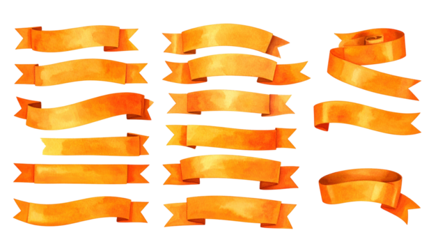Set of decorative watercolor ribbons, in various shapes and arrangements, with orange hues and jagged edges