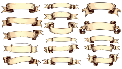 Assortment of vintage ribbons with intricate details, perfect for announcements and decorative elements