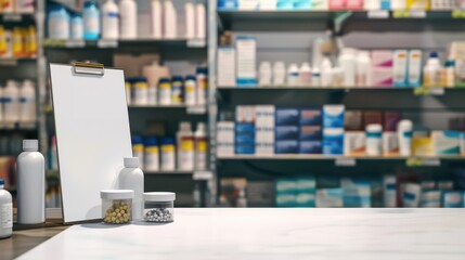 Pharmacy black friday promotion scene with medicines on display and blank clipboard for advertisement. Template, mock-up for pharmacy, drugstore, cosmetics store. Horizontal banner. Copy space