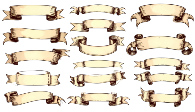 Assortment of vintage ribbons with intricate details, perfect for announcements and decorative elements