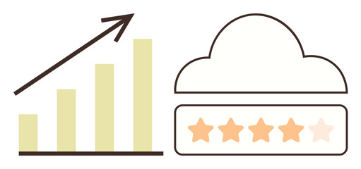Yellow bar chart with upward arrow suggesting growth beside cloud with five-star rating. Ideal for analytics, performance, success, feedback, business growth, customer satisfaction, simple flat
