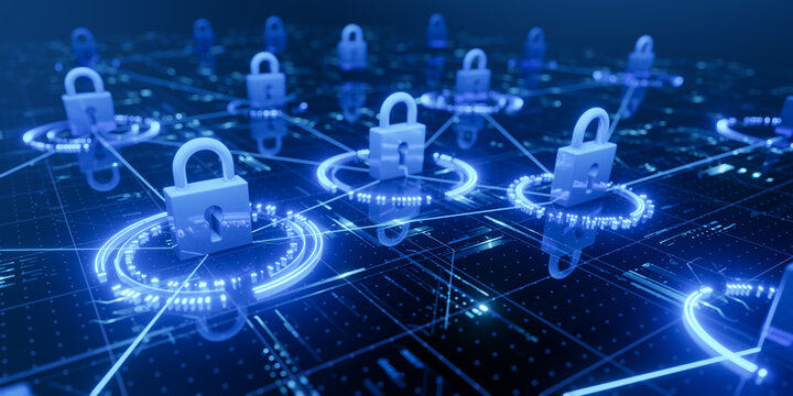 Digital Cybersecurity Concept with Glowing Padlocks and Circuit Board