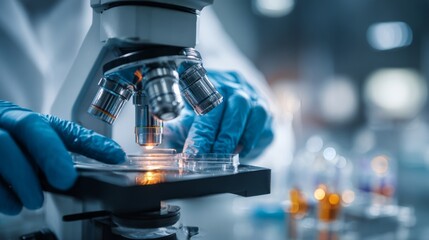 Scientist using microscope for research in laboratory, close-up photo