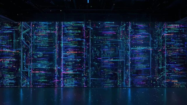 Abstract coding wall with running data, seamless loop. Animation. Concept of artificial 