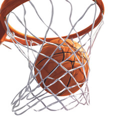 Illustration of a basketball dropping through a net attached to an orange rim