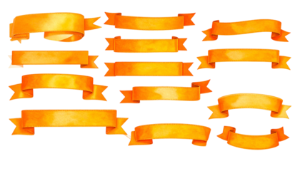 Assorted watercolor ribbon banners, various sizes, bright orange hues, isolated on black