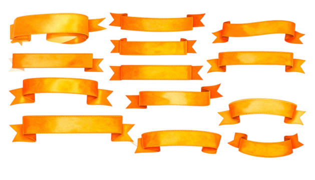 Assorted watercolor ribbon banners, various sizes, bright orange hues, isolated on black