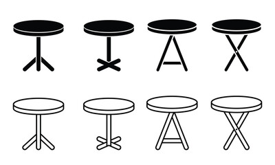 round tables with various pedestal and leg designs on a white background. Glyph and line icon Collection of four black silhouettes of round tables.