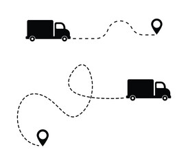 fast Delivery truck icon with location pin. Delivery route with dotted path and truck icon. Travel destination symbol. Truck silhouette driving on dotted path collection. 