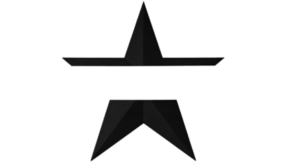 A shadowed five-pointed star bisected and split apart, rendered in tones of gray against black