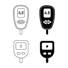 Blood glucose meter icons set in filled, outline. healthcare diabetes test Vector Element. measuring blood sugar. Digital blood glucose meter.