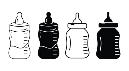 Baby feeding Bottle Icon Set. Milk Feeding Bottle Vector Collection. black and white vector measurement markings, infant feeding tools, vector  illustration.