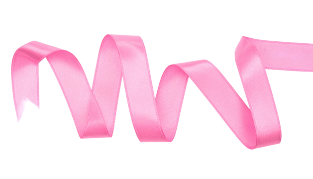 A flowing, swirling length of glossy pink ribbon, presented on a stark black backdrop