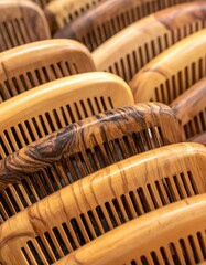 Close-up of multiple wooden combs with wood grain detail