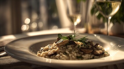 A delicious mushroom risotto served in a white ceramic bowl, garnished with fresh herbs and accompanied by glasses of white wine in soft sunlight