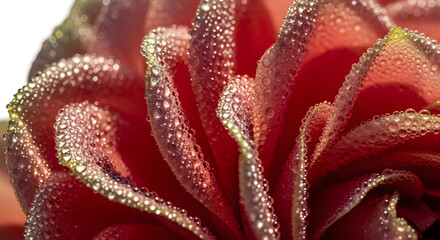 Close-up macro view of a vibrant red flower with fresh, glistening water droplets covering its delicate, textured petals against a clean white background