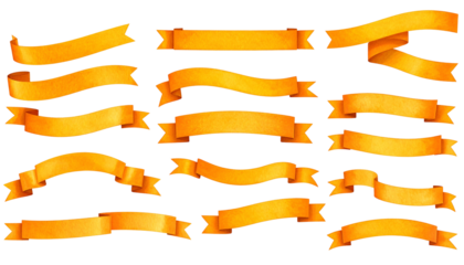 Collection of golden-yellow ribbon banners in various curved and straight shapes on black background