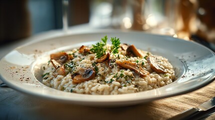 A closeup shot of a delicious mushroom risotto served in a white bowl, garnished with fresh parsley and parmesan cheese, creating an appetizing and comforting meal
