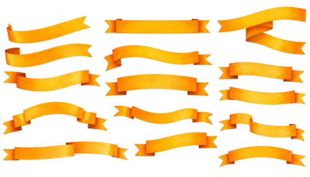 Collection of golden-yellow ribbon banners in various curved and straight shapes on black background