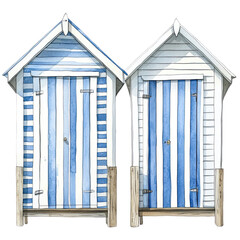 Two vintage blue and white striped beach huts standing side by side isolated on transparent background