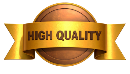 Bronze medal with a golden ribbon that has the phrase "HIGH QUALITY" written on it